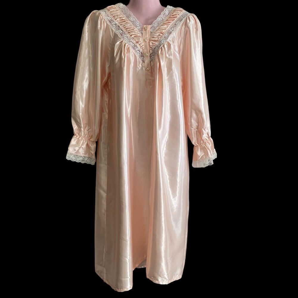 Vintage Heather Lane Nightgown Womens Small Satin Lace Long Sleeve 80s Retro
